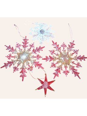 Lot Of 4 Christmas Ornaments: 3 Snowflakes & 1 Star Gold Plastic Glass 7" 4.5" &
